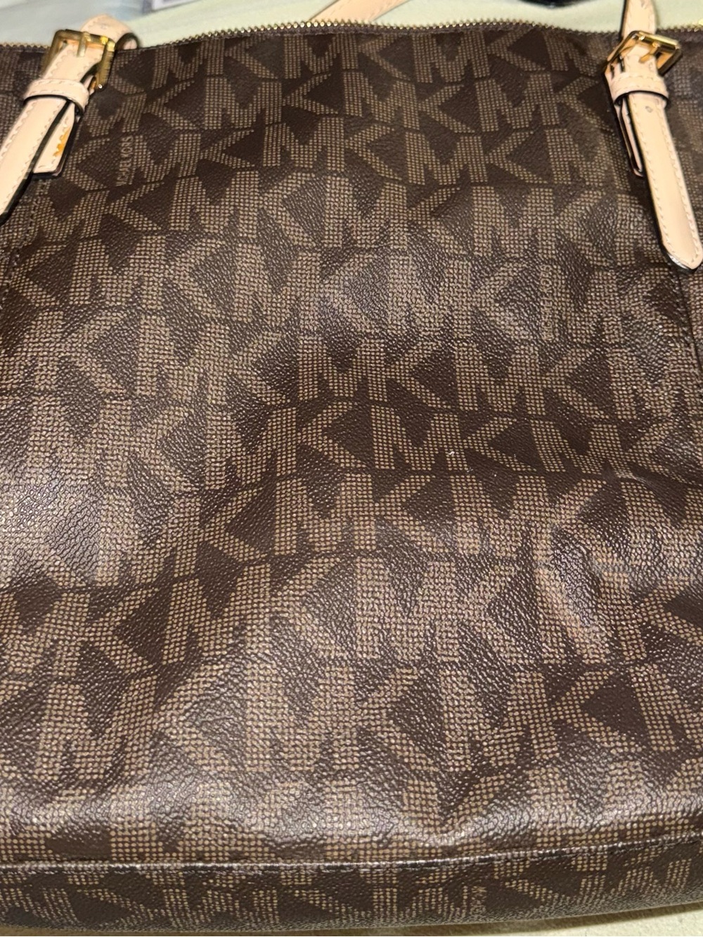 Michael Kors Dark Brown MK Monogram Tote with Cream Straps